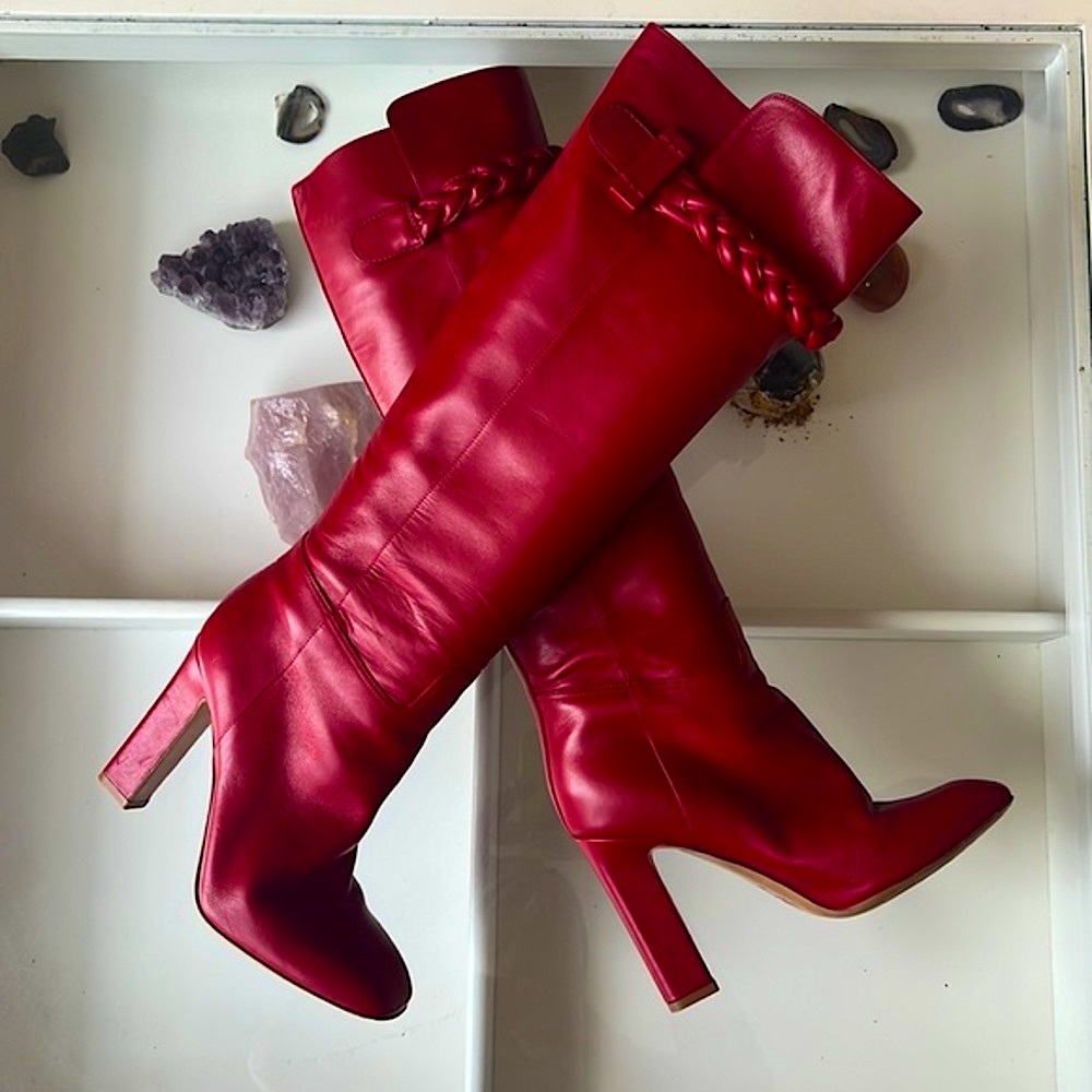 Valentino Garavani Red Calfskin Tall Braided Boots.